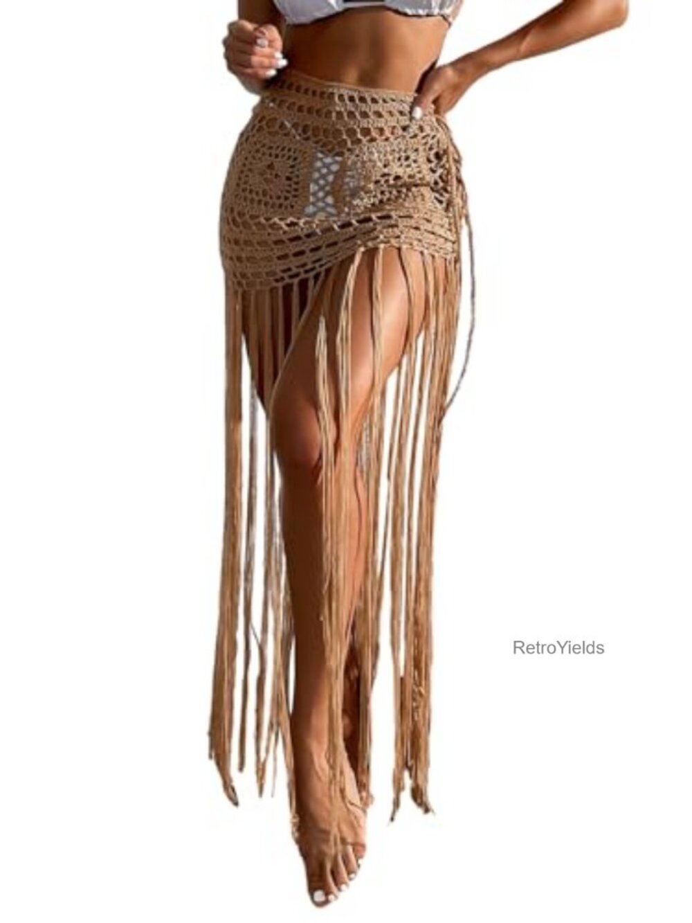 Crochet Maxi Fringe Hem Swim Cover Up Skirt High Waisted Beach Bikini Cover - Picture 1 of 3